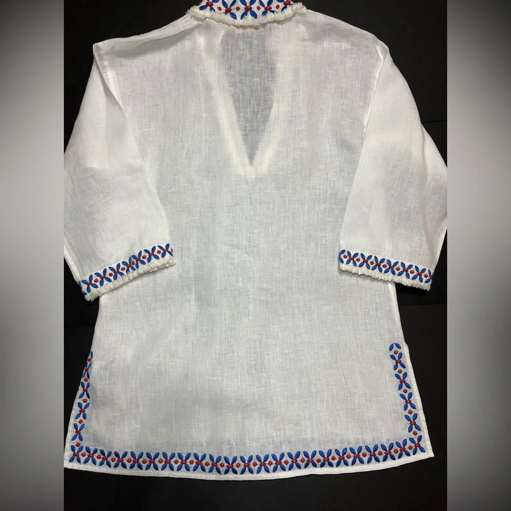 Tory Burch White Linen Tunic with Blue & Red Bead Work - Picture 6 of 6